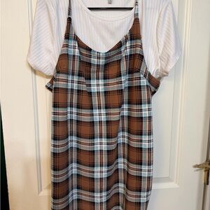 Brown Plaid Slip Dress with White Tee
